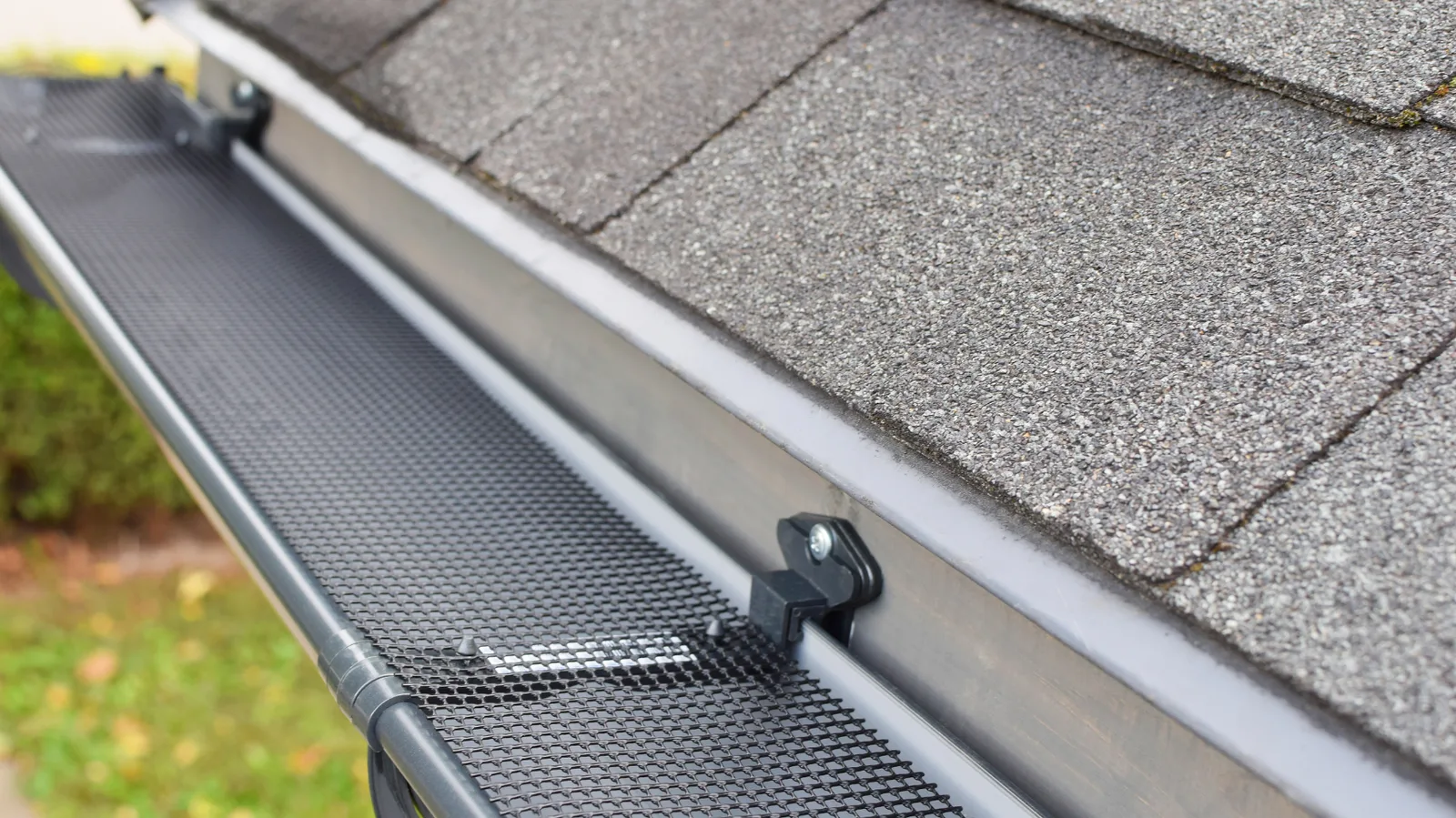 Mesh guard clipped over a gutter beside gray asphalt shingles